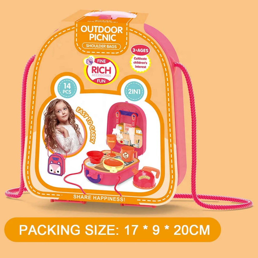 Plastic Mini  Indoor Shoulder Bag Backpack Cooking Pretend Play Game Kitchen Toy Set For Kids