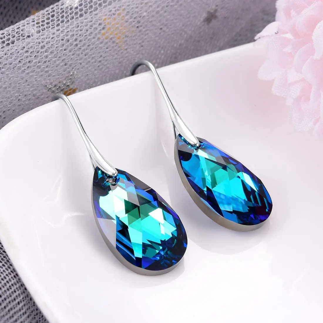 Hermosa Austria  Crystals  Earrings Tears Dangle Hook Earrings 925 Sterling Silver Earrings for Women Jewelry Christmas Gift