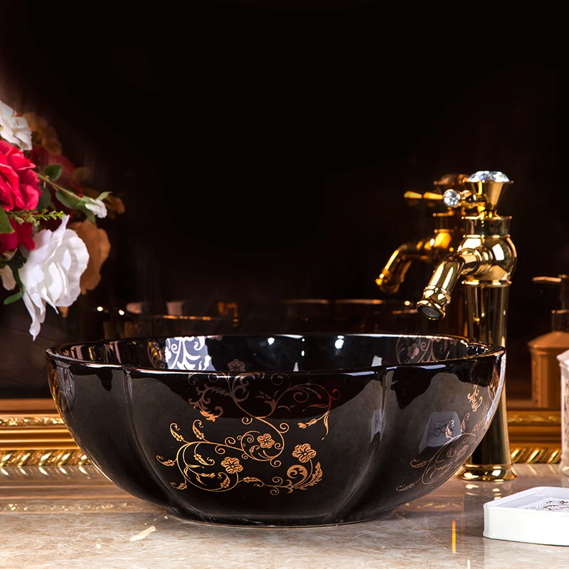 Artistic Black with Gold Floral Design wash basin Ceramic Counter Top Wash Basin Bathroom Sinks bathroom washbasin cabinets