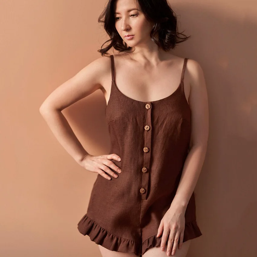2022 summer new French suspender sexy cotton linen bodysuit pajamas women solid color cool comfortable home clothes women