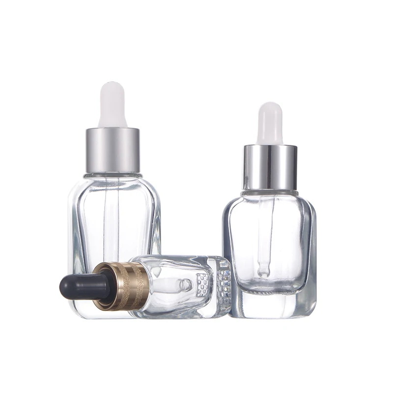 Cosmetic Package 10ml 20ml 30ml Square Clear Face Eye Serum Glass Essential Oil Bottle Mesh Thick Bottom with Dropper