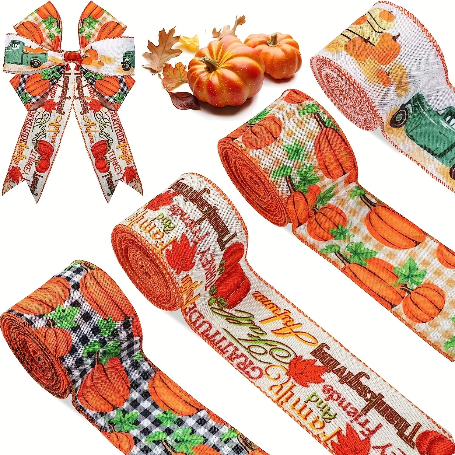 DAMAI Harvest Thanksgiving Ribbons Maple Leafs Pumpkins Turkey Gift Box Decor Bow Woven Ribbons for Thanksgiving Decorations