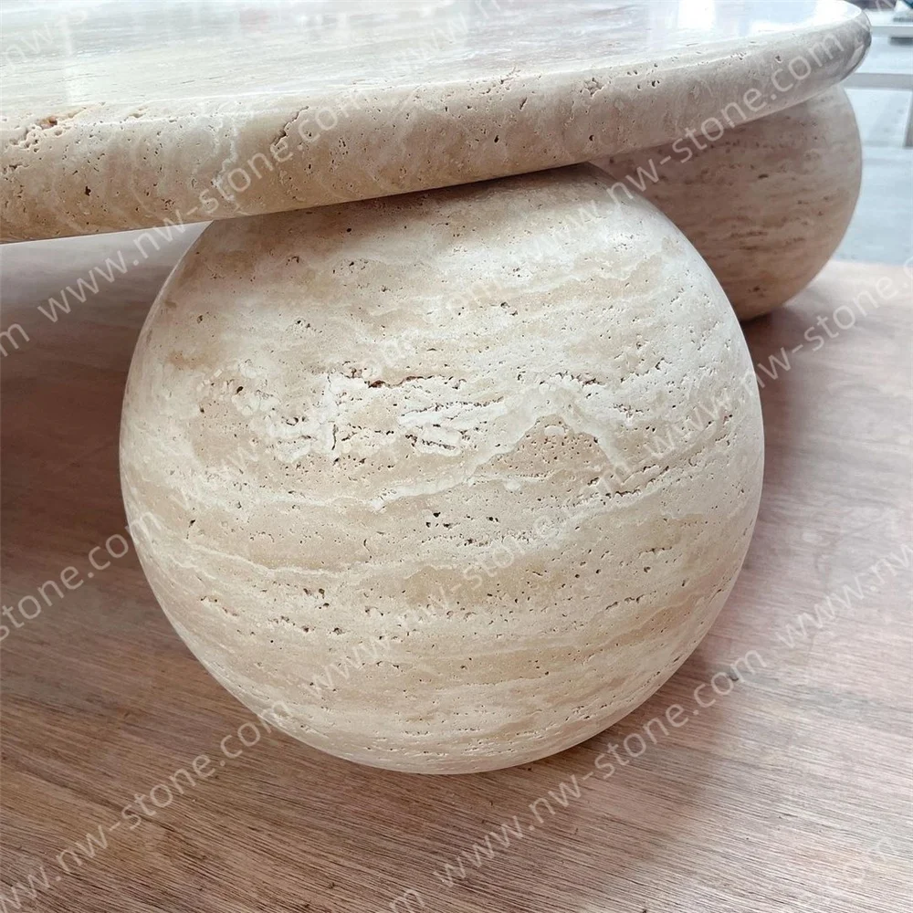 NANWEI Manufacturer Vintage Stone Tea Table 3 Legs Cream Travertine Center Garden Round Marble Coffee Table