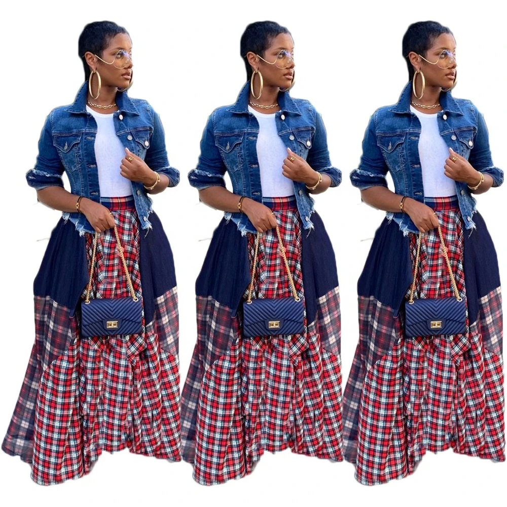 ANSZKTN Fashion Women Irregular  Long Skirt High waist Casual Loose Printed Plaid Plus Size Skirt Maxi Skirts