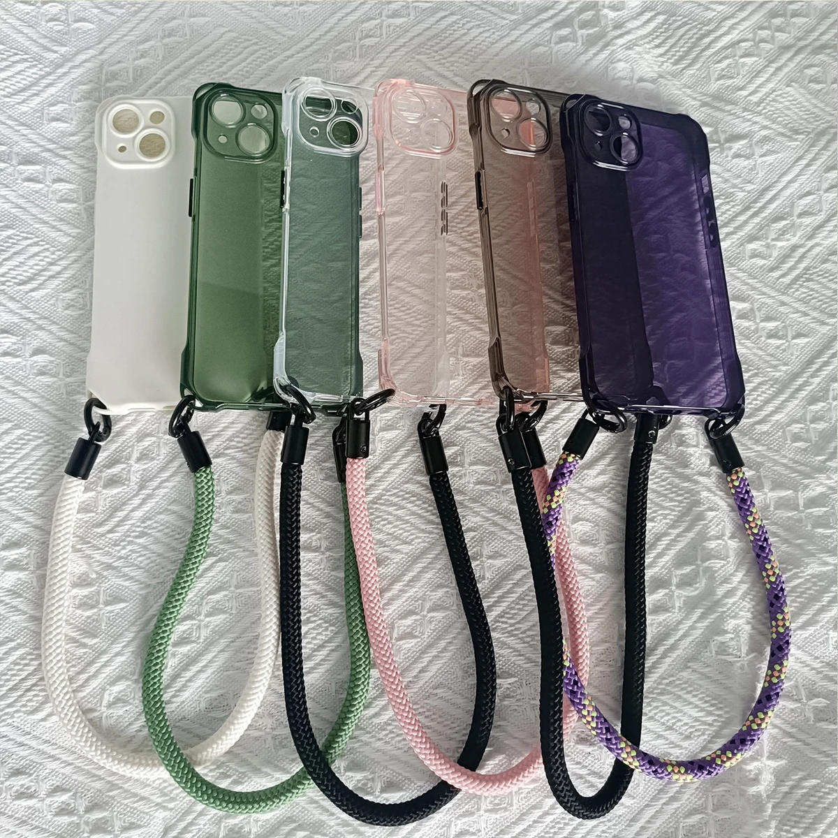 Прозрачный цветной ТПУ противоударный чехол с коротким ремешком для телефона iPhone 15 Plus 16 14 Pro Max 13 12 Mini 11