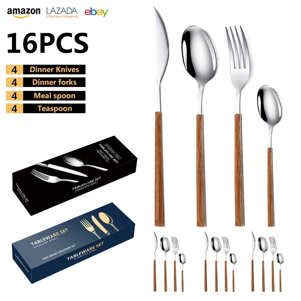 Japanese-style stainless steel tableware with handle of wood grain steak knife, fork and spoon  gift box  16 sets