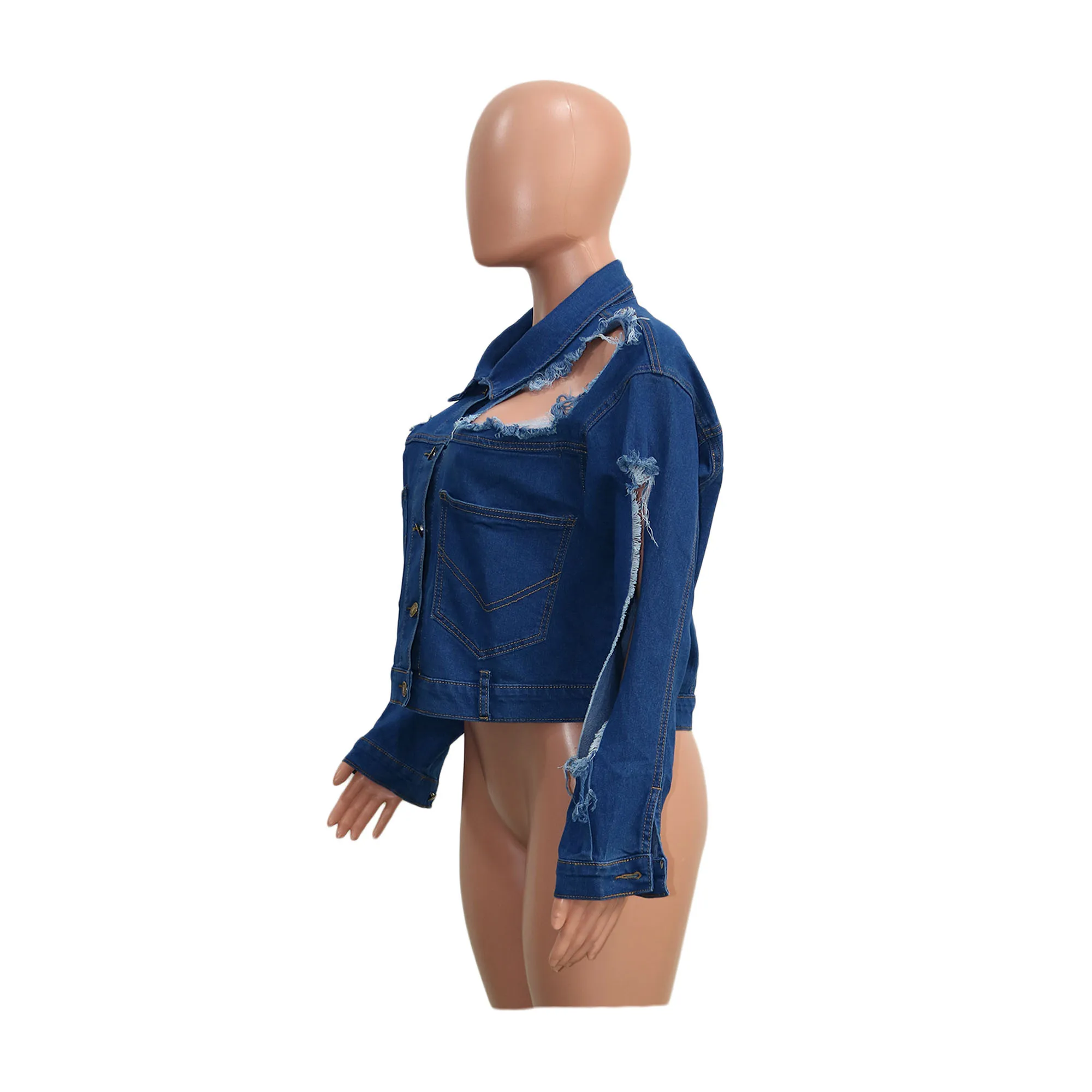 Wholesales Women Long Sleeve Solid Color Distressed Hole Off Shoulder Turndown Collor Coated Jeans Coat Jacket For Women Coats