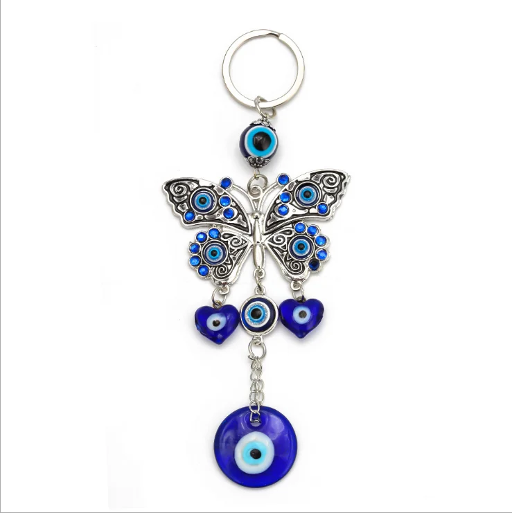 Alloy Turkish Good Luck Amulet Blue E-vil Eye 3 Lucky Elephants Pendant Keychain for Users