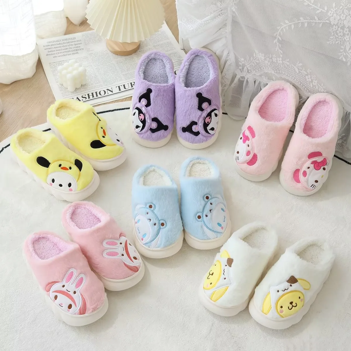 Ruunjoy Ladies Home Slipper Non Slip Winter Keep Warm Feet Indoor Cute Sanrioed Soft Plush Slipper Thick Soled Cartoon Slipper