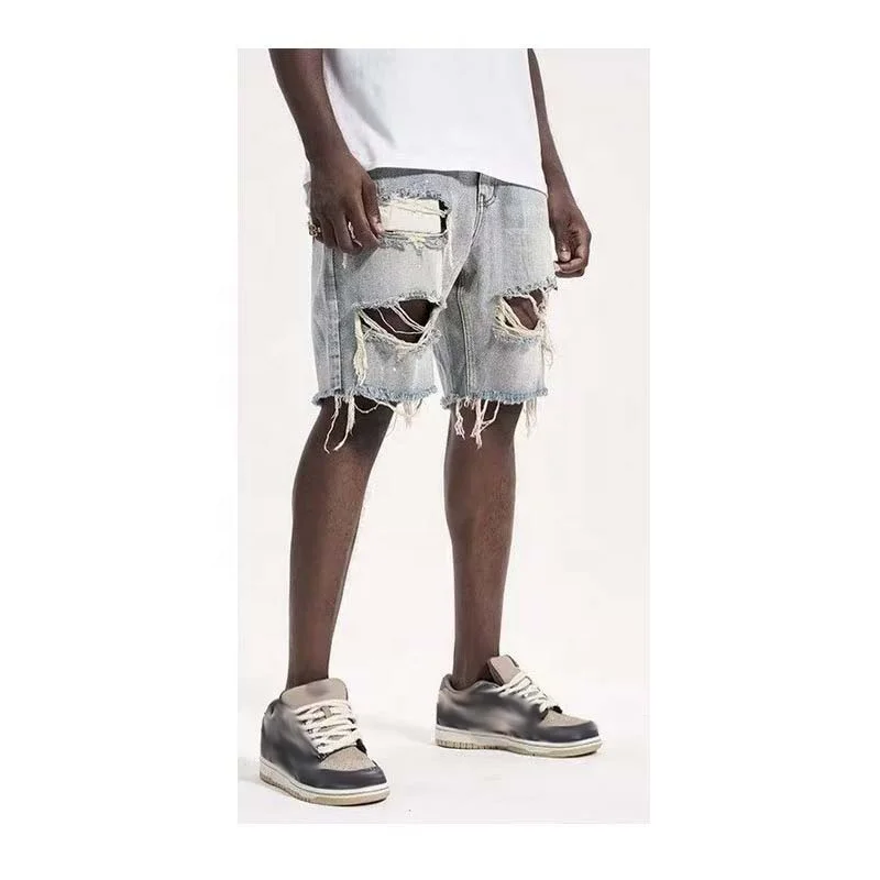 Popular Summer Slim Ripped Paint Indolent Hip Hop Washed Mens Jeans Short