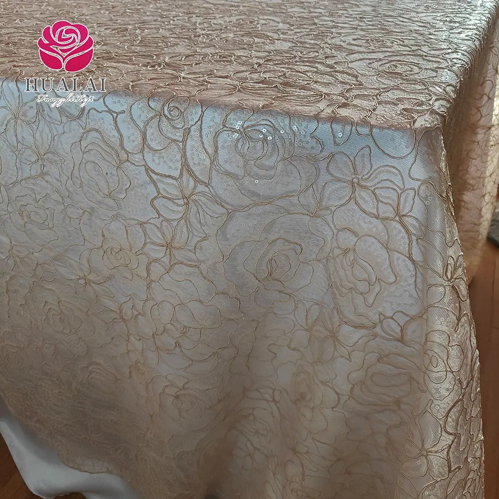 table linens party champagne tablecloths wedding hotel  decoration sequin embroidery flowers and cutwork border