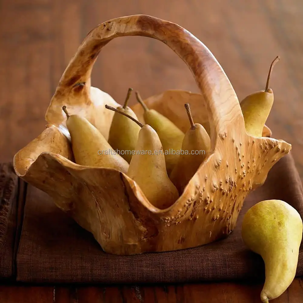 Guansen Dia 15-19CM Natural Sharp Hand Carved Root Carving Basket wood fruit baskets root wood basket fruit bowl with handle