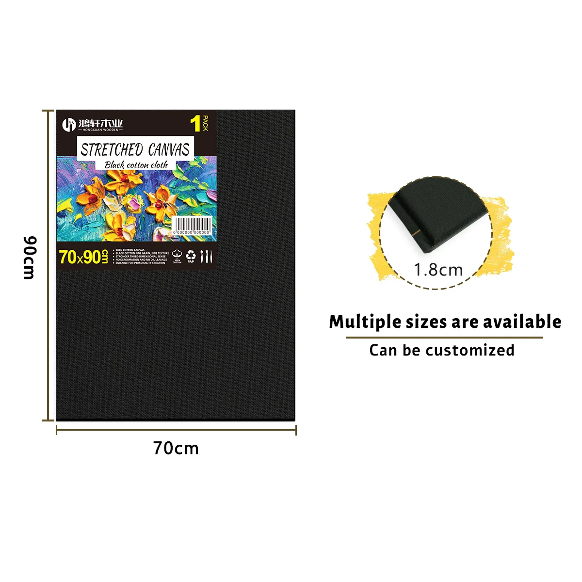 Wholesale Cheap High Quality Large Black Canvas Frame, Triple-Primed 280g Cotton Acid-free Stretched Canvas for Art Painting