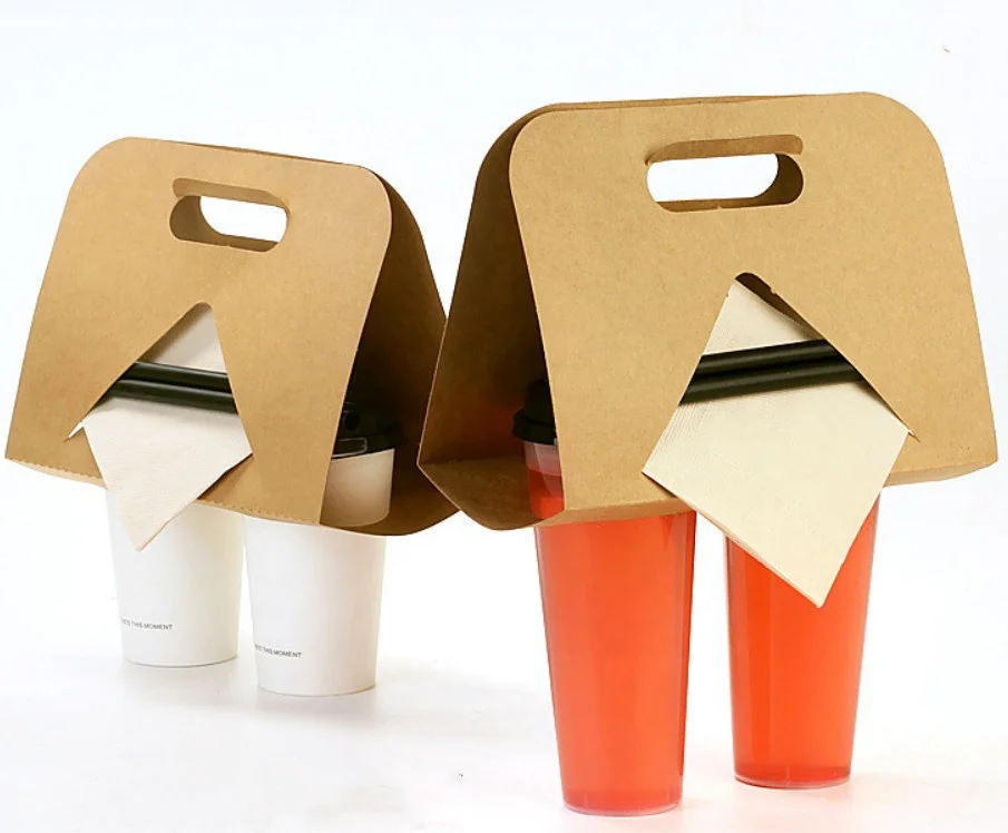 2 Cup Carrier Kraft Paper Cup Carrier Tray Take away Boba Tea Coffee Packaging Cup Carrier Paper Holder  Disposable