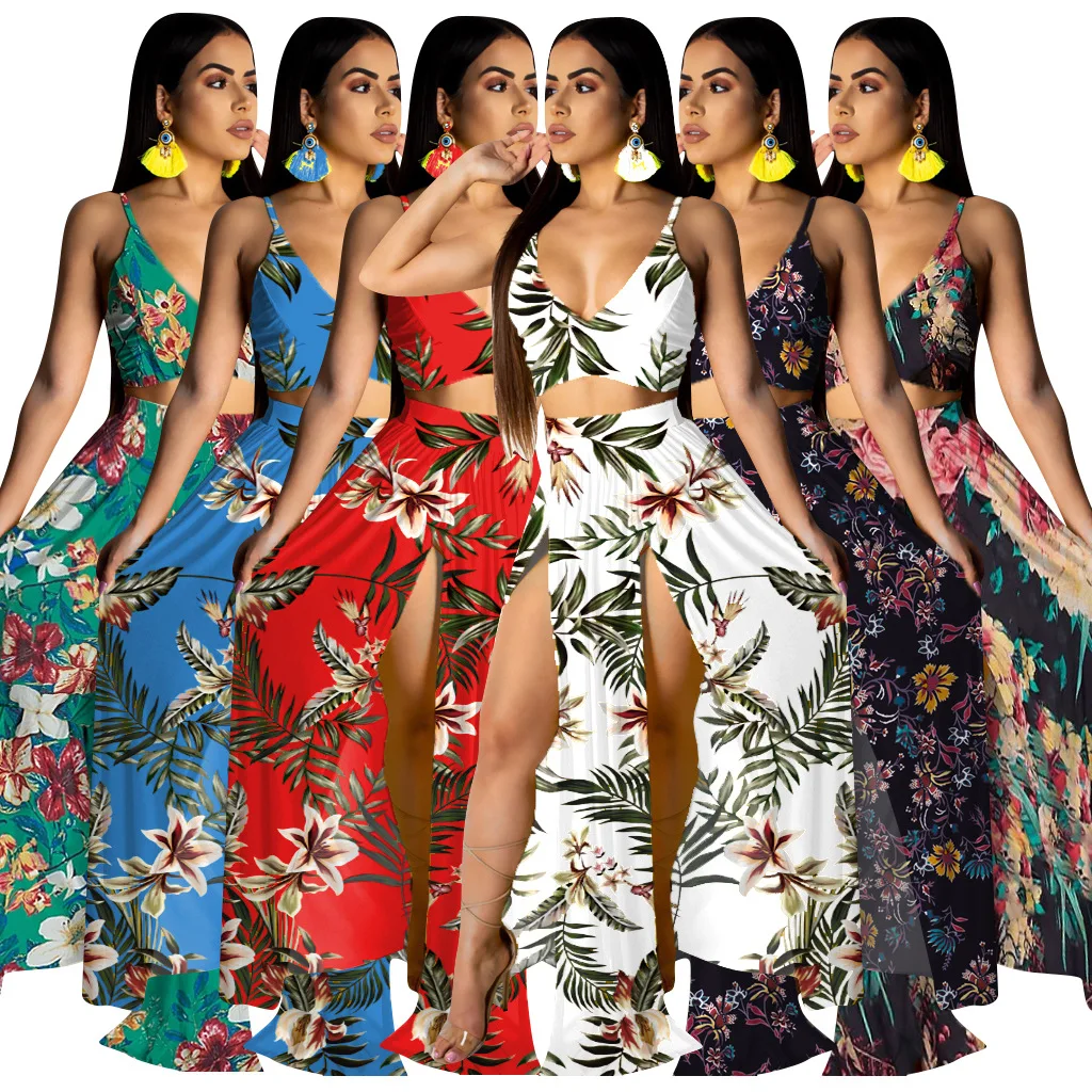 
2021 Newly arrived Sexy Spring Two Piece Set Crop Top Long Skirt Floral Printed Strapless Bandage Skirts Holiday Set women dress 