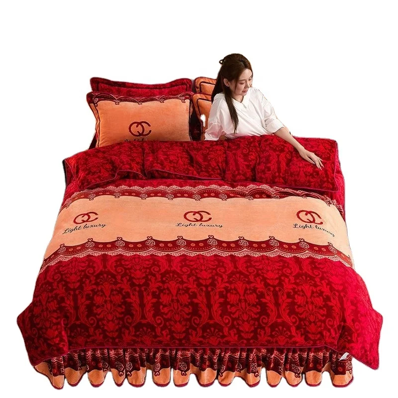 Super Soft Velvet Duvet Cover Set Pattern-H Fleece Luxurious Cozy Warm Comforter Cover with Zipper Closure Bed Skirt Set
