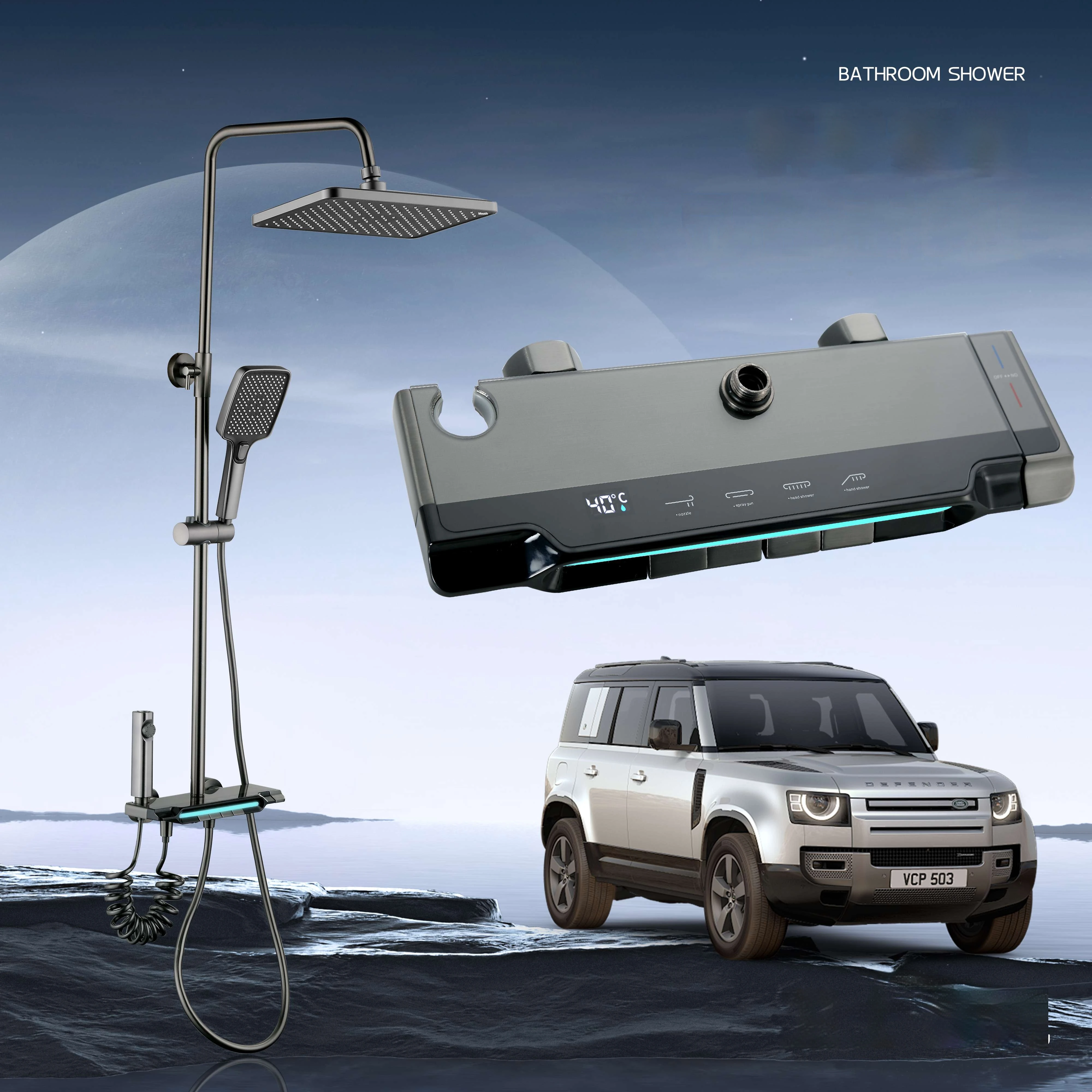 Duchas Modern Digital Cold And Hot Water Brass Luxury Rain Mixer Black System Thermostatic Piano Key Bathroom Smart Shower Set