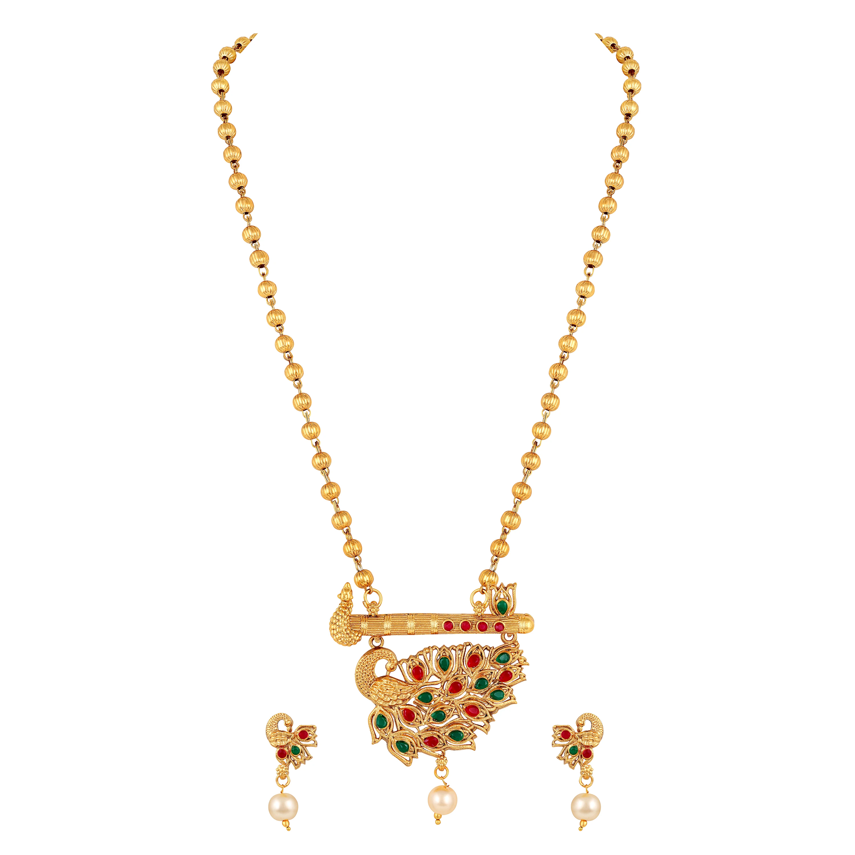 Wholesale Indian Hushab Creation Incredible Peacock Shape High Gold Plated Red Green Stone Matinee Style Necklace Set For Women