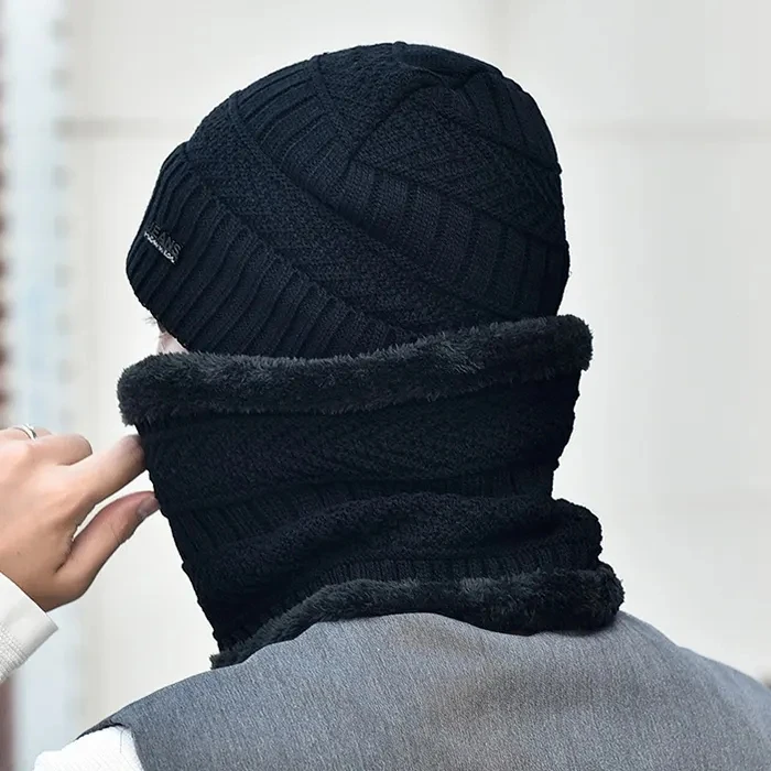 Velvet Lined Thicken Ski Skull Caps Men Kids Winter Hat Scarf Set Neck Warmer Wool Knitted Beanie Hats Winter Fleece Knitted Hat