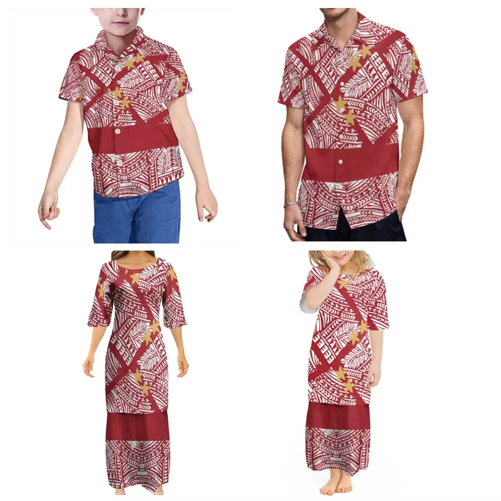 New Wholesale Custom Polynesian Elei Tribal Design Family Matching Set Clothing Boutique Kids Clothes Samoa Puletasi Girls Dress