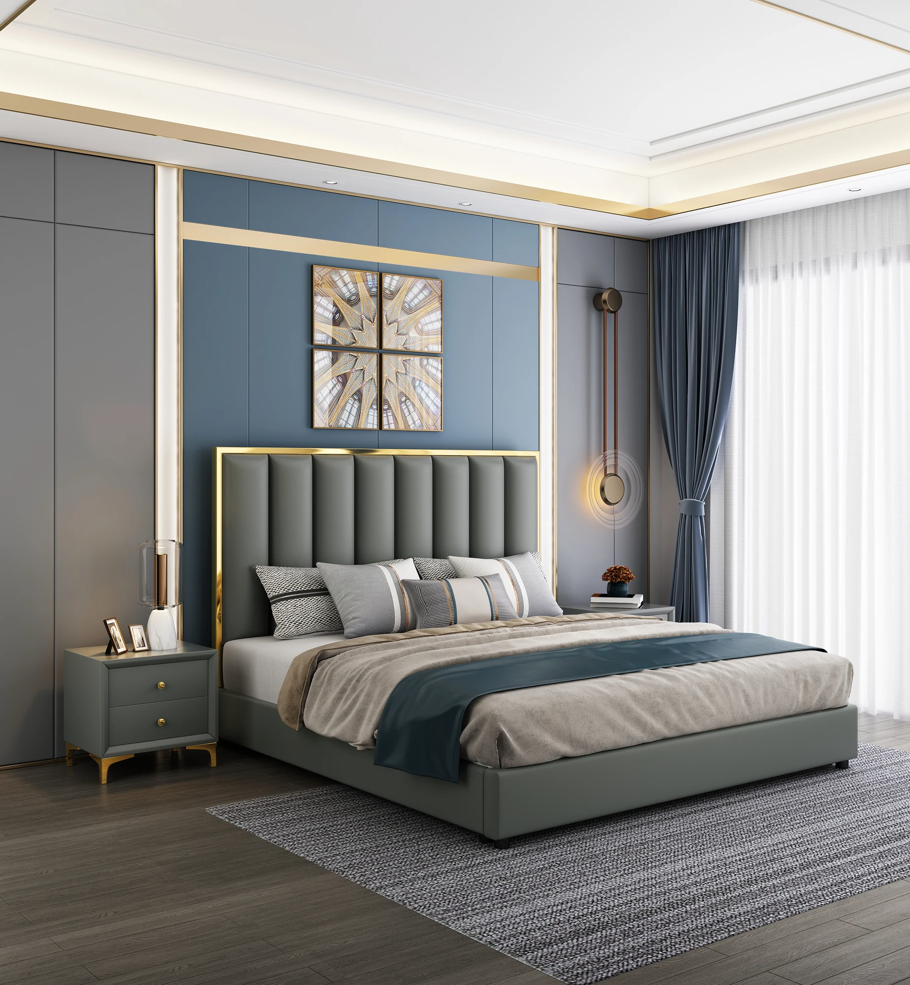 Classic Upholstered Italian King Size Bed Leather Bedroom Set Queen Bed Frame Up-holstered Beds