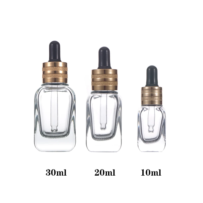 Cosmetic Package 10ml 20ml 30ml Square Clear Face Eye Serum Glass Essential Oil Bottle Mesh Thick Bottom with Dropper