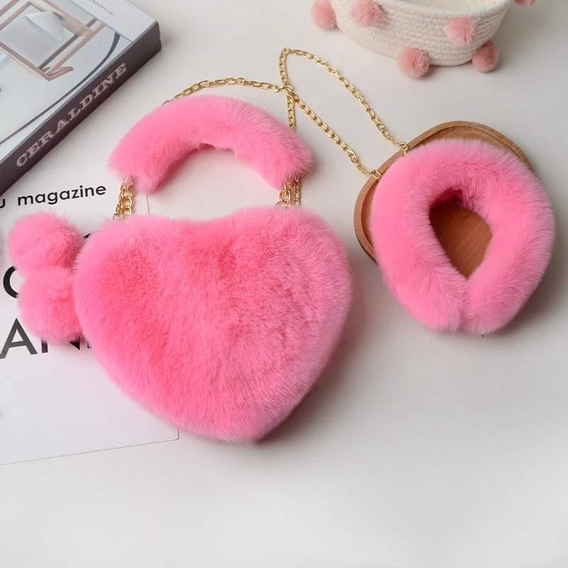 Aotemao 2021 New Fashion Fur Heart Purse with Headband Set Designer Lady Cute Heart Shaped Purse Handbags