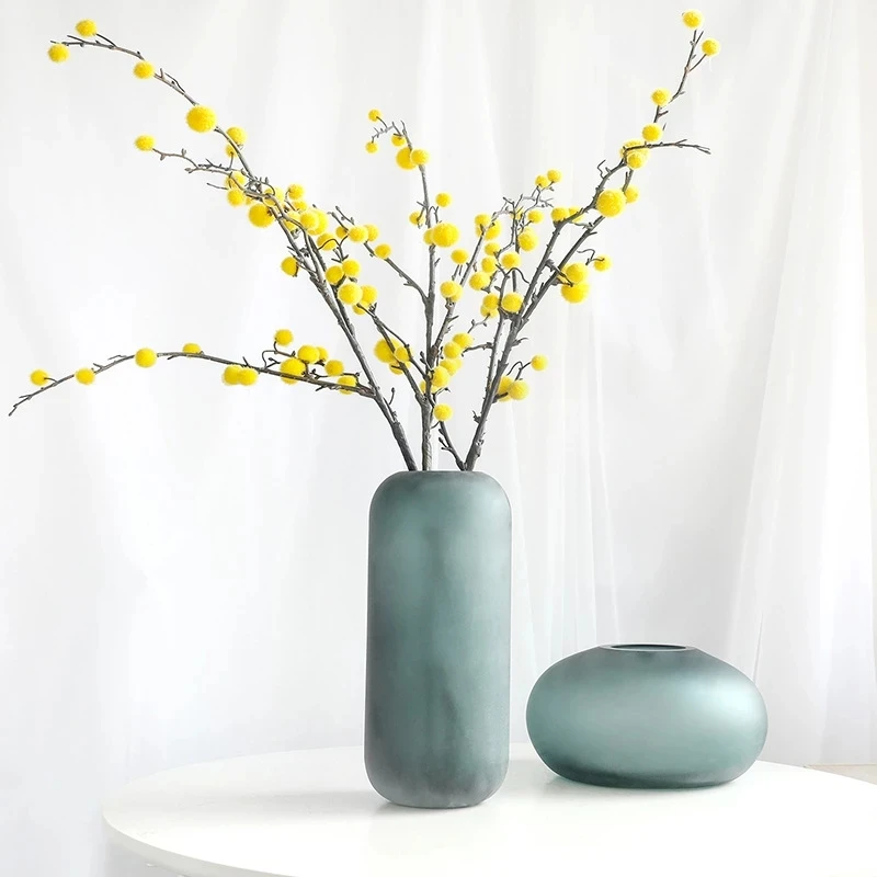 European-Style High-End Simple Round Grey Green Flower Vases for Decoration Frosted Texture Classic Glass Vase