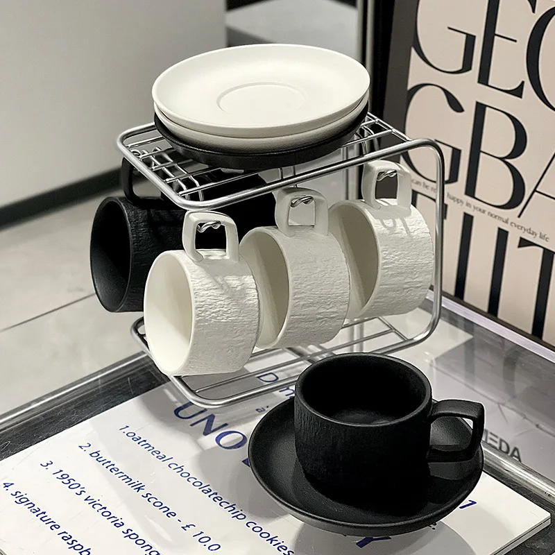 Европейский текстурированный матовый керамический набор кофейных чашек капучино черный белый фарфор чайные чашки и блюдца