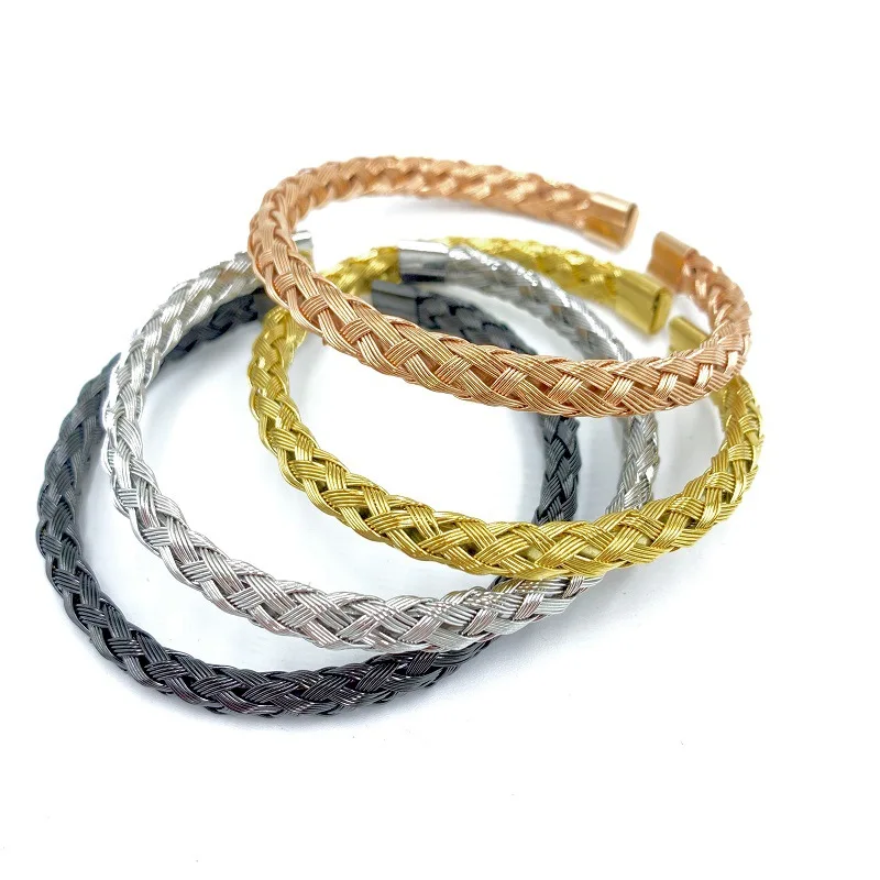 High Quality Stainless Steel Jewelry Four Colors Handmade Braided Eco C Open Cuff Bracelet Bangle for Women