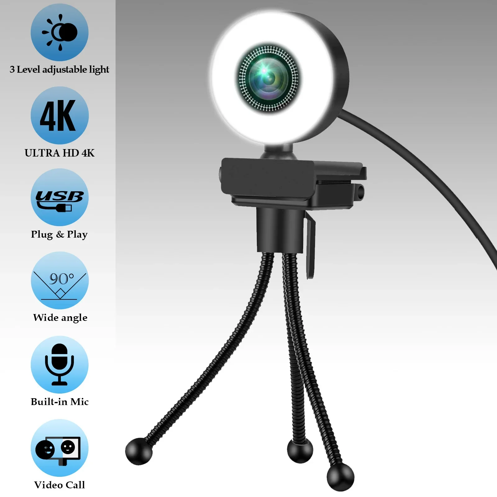 New 4K Webcam 2K Full HD Web Camera With Microphone LED Fill Light USB Web Cam for PC Computer Laptop