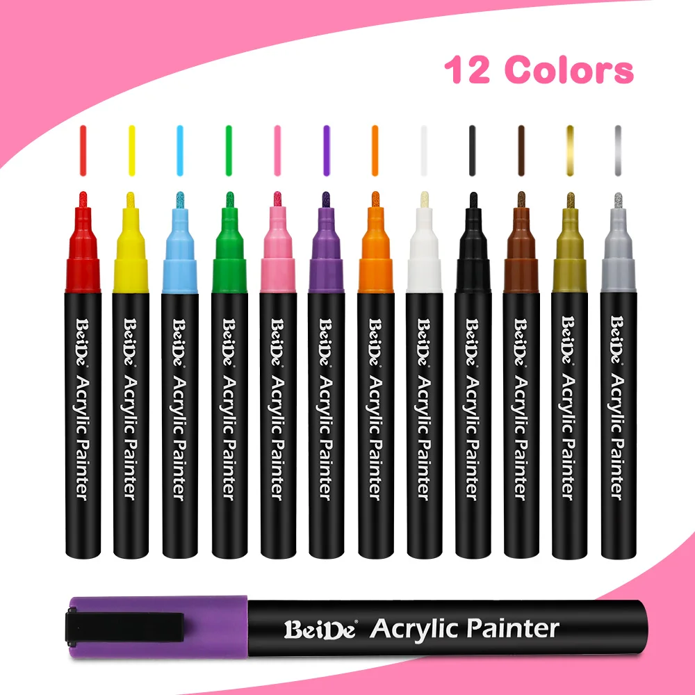 12 Colors Acrylic Paint Pens Set Permanent Markers for Rock Painting , Canvas, Tires, Wood, Metal, Scrapbooking, Fabric, Glass