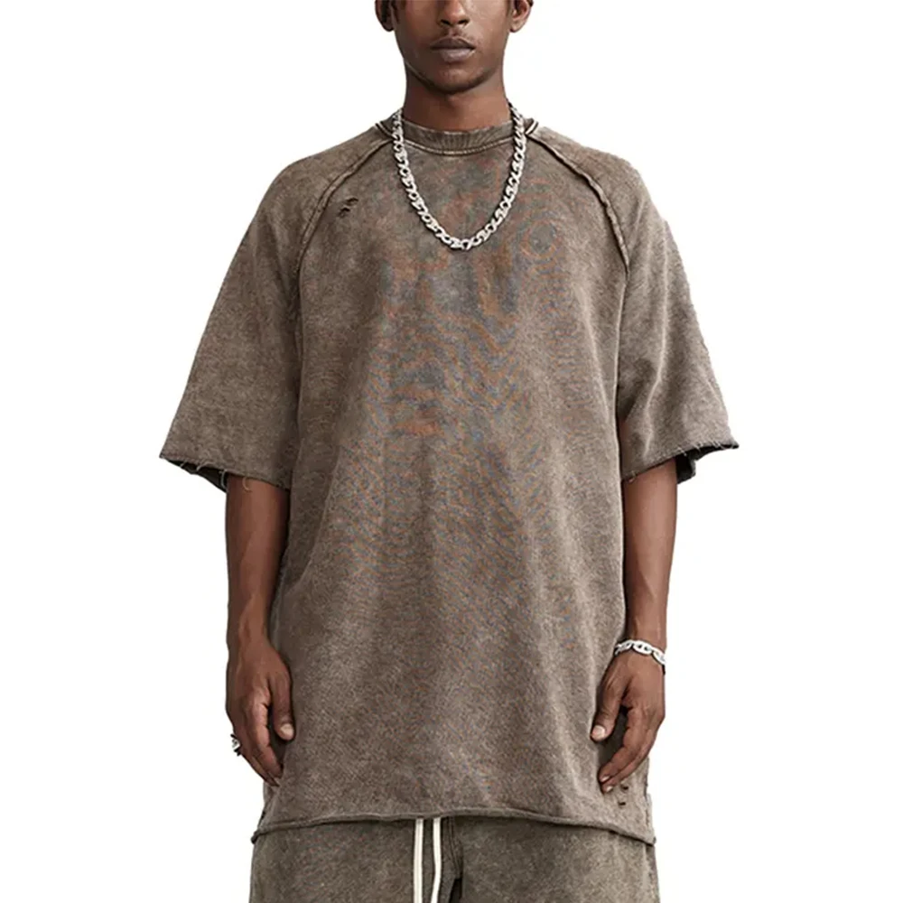 heavyweight raw edge acid washed t shirts 2 piece sweat short set  oversize 100% cotton custom logo t shirt for men