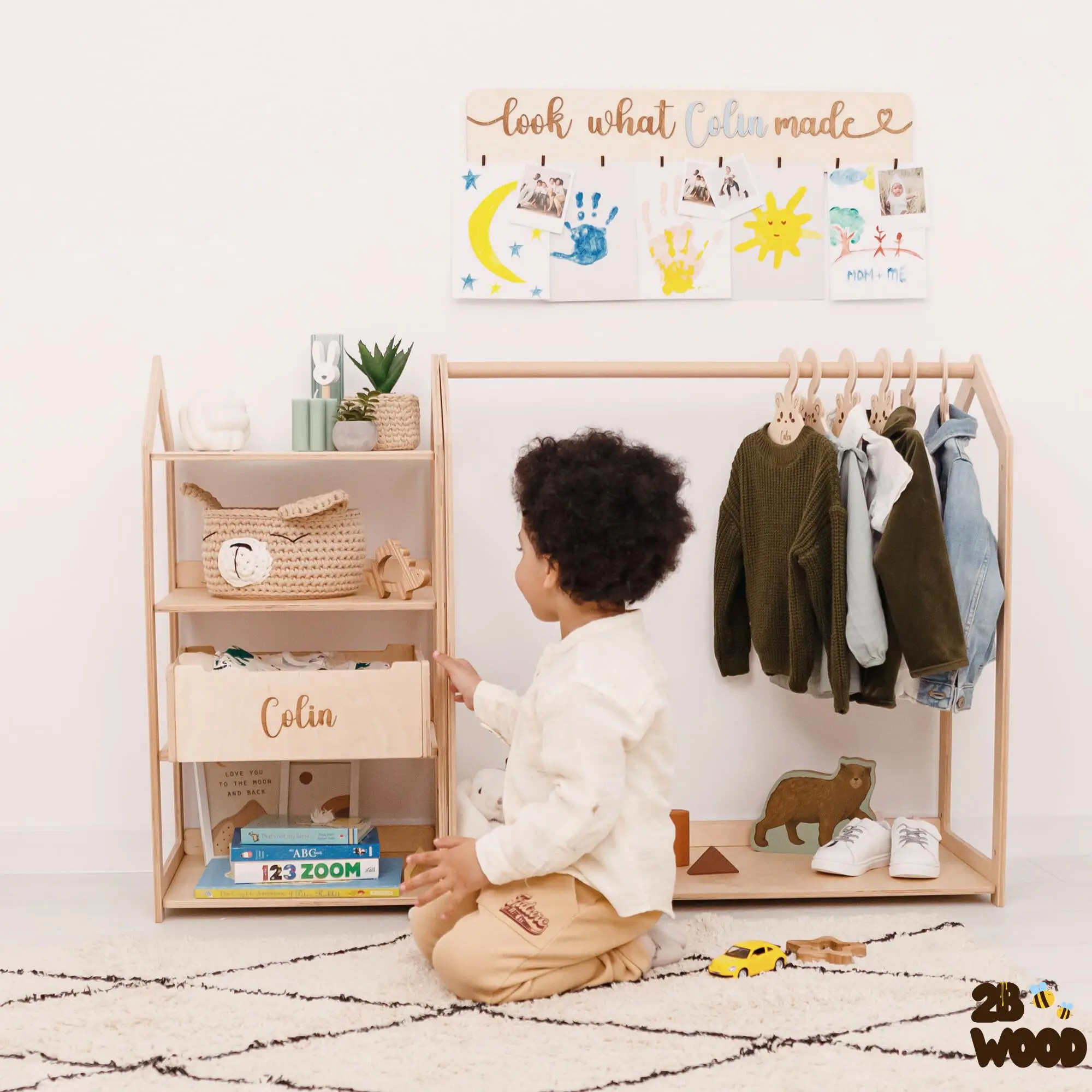 Kids clothing display racks bamboo coat rack With Storage Children Wardrobe Rack