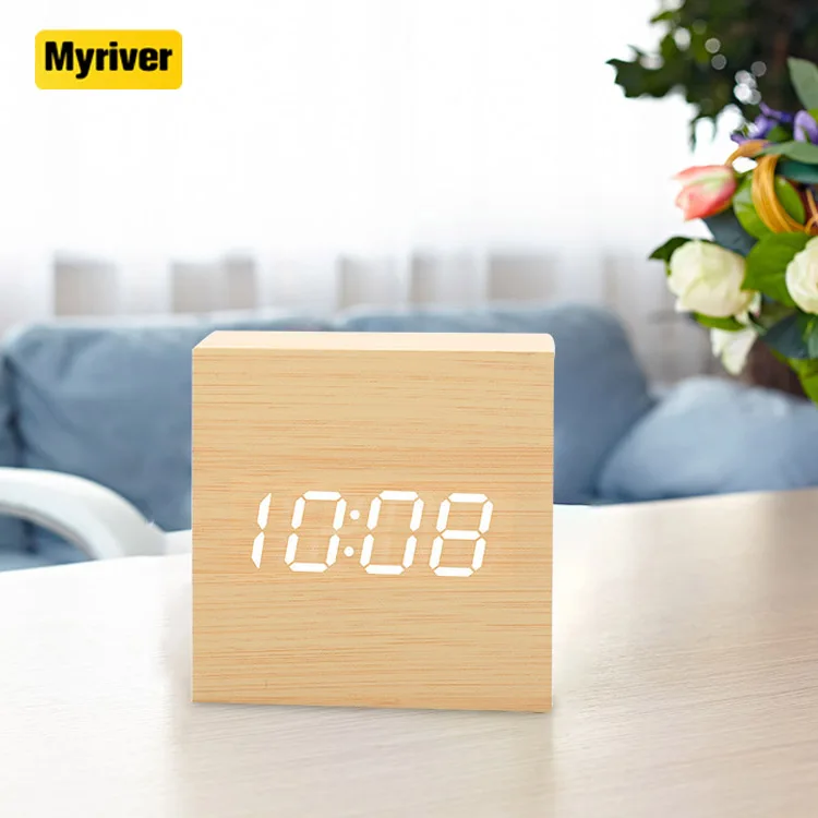 Myriver Wood Digital Alarm Clock Led Time Display Cube Clocks With Usb For Bedroom Desk Office Desk Decoration