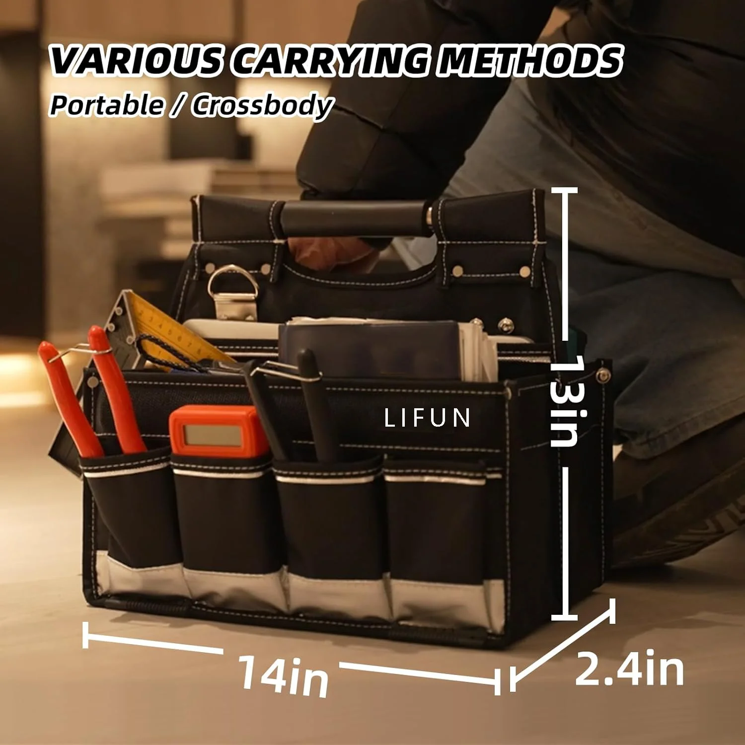 Small Open Top Tool Bag, Tool Tote Bag with Handle.18 Pockets Small Foldable Tool Bag Organizer