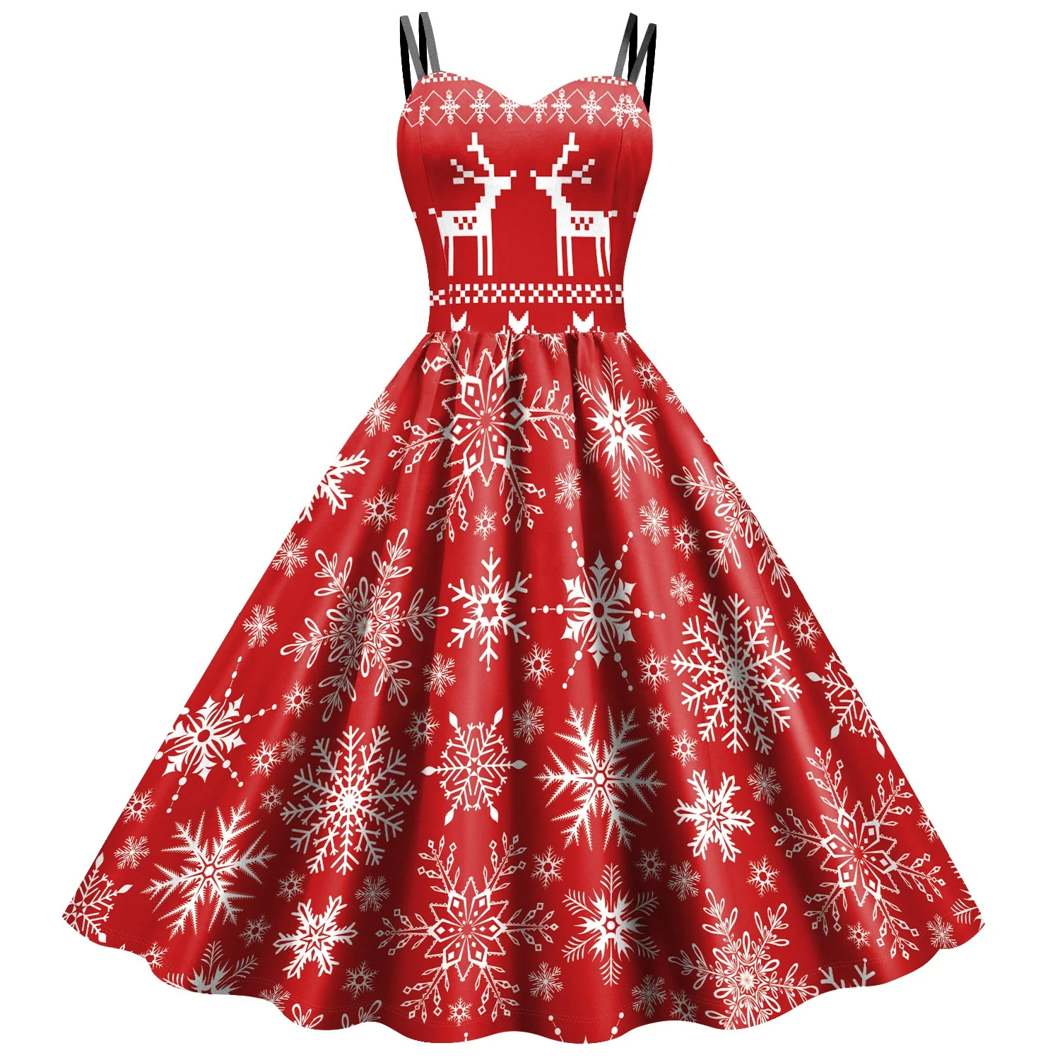 Ready to ship Christmas red dress women fashion beautiful snowflake digital printing strap latest christmas dress