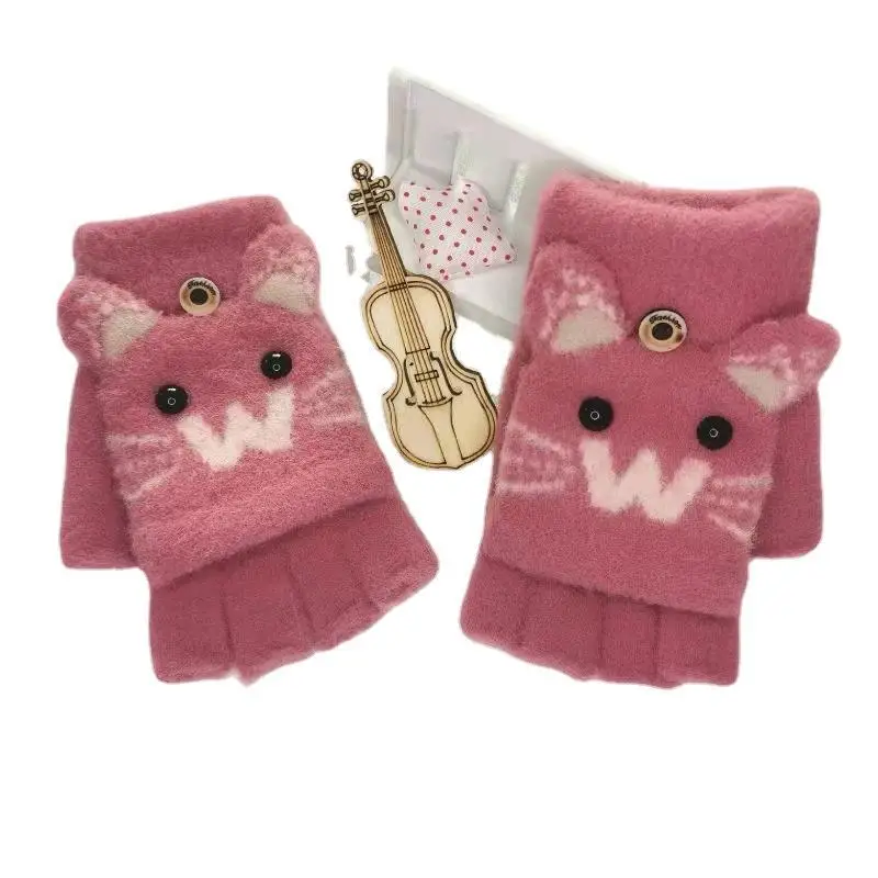 Winter kids Knitted Cute Cartoon gloves  Cat paw Student Warm Half Finger  children Student  Gloves