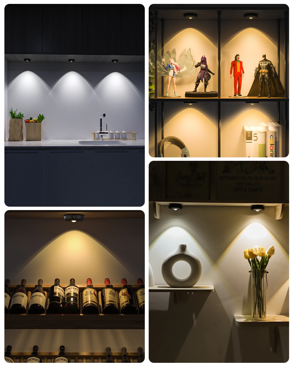 LED Puck Lights with Remote, Rechargeable 1000mAh Battery Tap Lights, Dimmable Wireless Stick on for cabinet closet counter wall