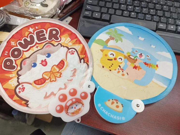 Custom UV Printing Logo Summer Cheap Nylon Round Fan Handheld With Pouch Pocket