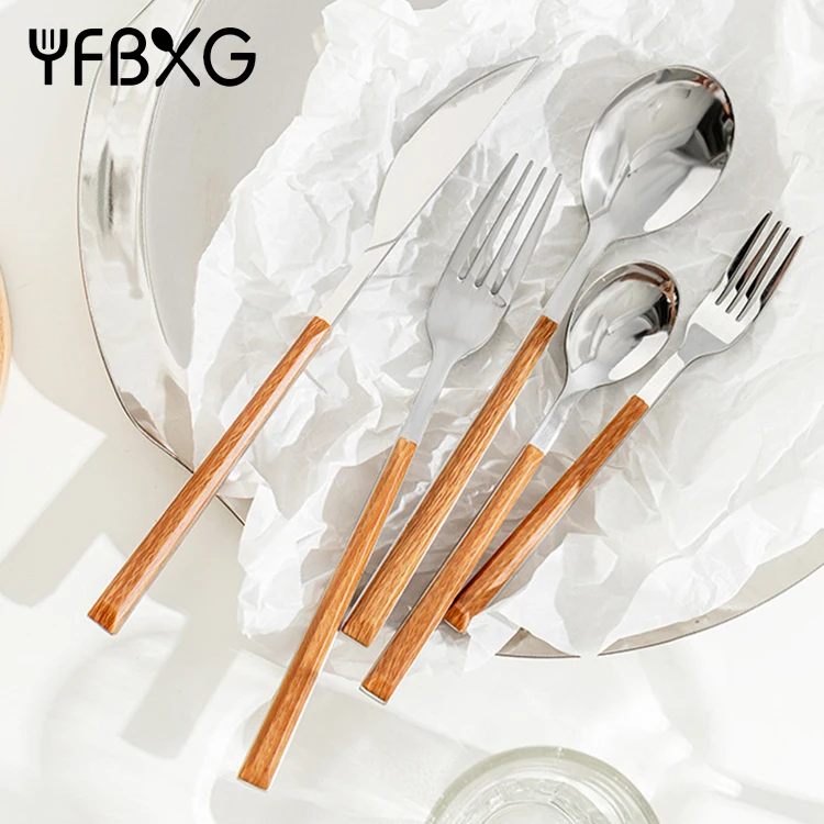 Western High Quality Stainless Steel Silverware Knife Fork and Spoon ABS Plastic Wooden Handle Flatware Cutlery Set Restaurant