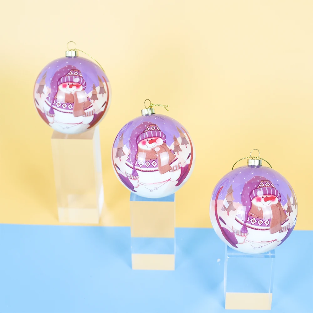 Purple Cartoon Pattern Poly Foam Christmas Ball With Gold Cap Christmas Tree Hanging Decoration Christmas Ball Gift Box Set