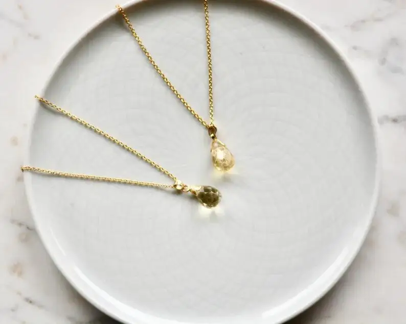 Simple Fashion Natural Stone Powder/Amethyst Pendant Necklace Gold Plated Natural Stone Crystal Necklace Faceted Drop Shape