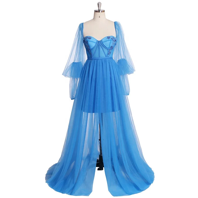 OEM Wholesale Blue Puffy Sleeve Corset Prom Dresses Women Sweetheart Tulle Ball Gown Slit Formal Evening Gown Princess Dress