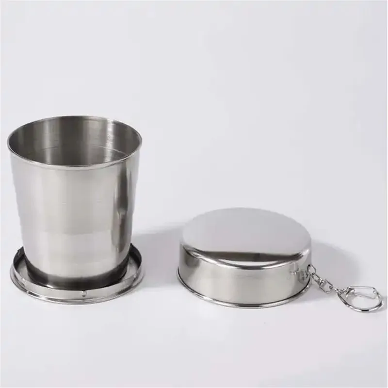 J098 Wholesale Portable Folding Camping Mug 70ml 150ml 250ml Stainless Steel Collapsible Travel Cup With Keychain