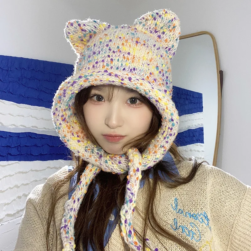 Autumn And Winter Ear Protection Full Head Cover Windproof Knitted Hats Cute Rainbow Cat Ear Beanies Hat Pullover Hats Women