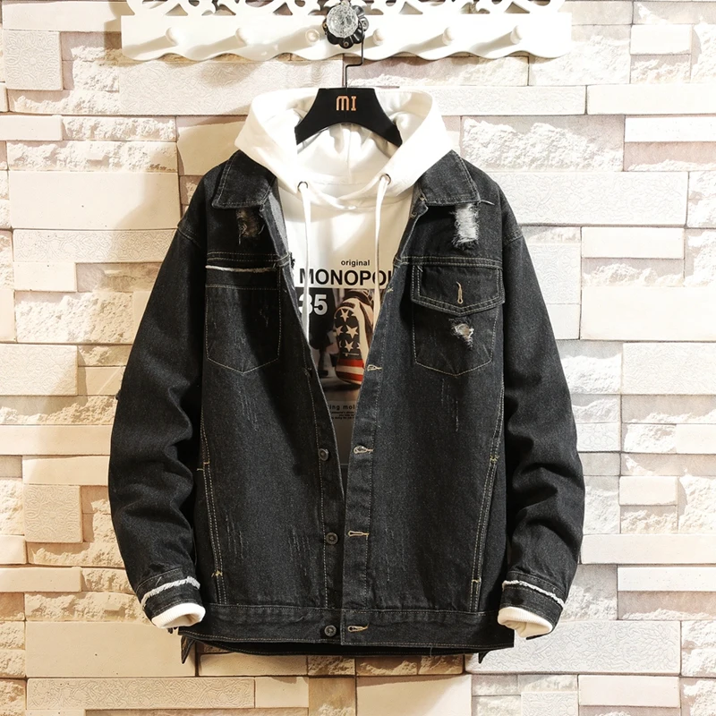 
Cotton And Viscose Loose Fit Jeans Poker Mens Streetwear Casual Black Hip Hop Denim Jacket For Men 