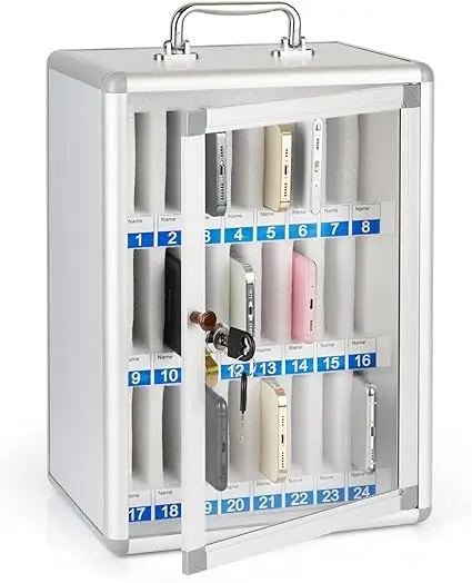 24 Slots Aluminum Alloy Pocket Chart Storage Cabinet for Cell Phones,Wall-Mounted with a Locked,Can be Carried by Hand
