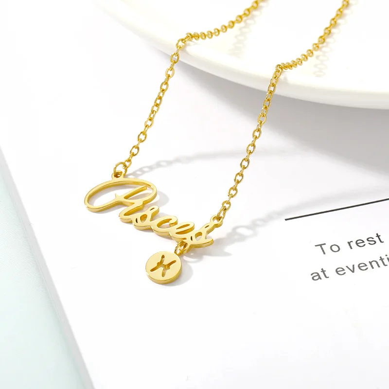 Хит продаж простое ювелирное изделие Зодиак английские буквы ожерелье из нержавеющей стали золотое покрытие для девочек 12 зодиакальных подвесок