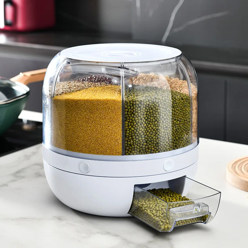 Jeko&Jeko Rice Dispenser Kitchen 6-Grid Rotating Food Grain Dispenser Cereal Storage Box Rice Container Dispenser